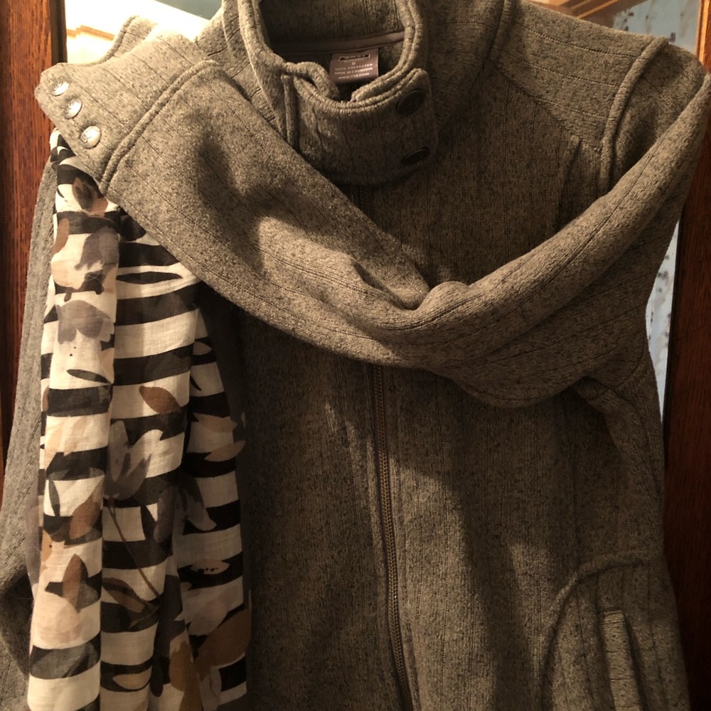 REI grey sweater jacket. So cute with princess seams pockets and full Zip.